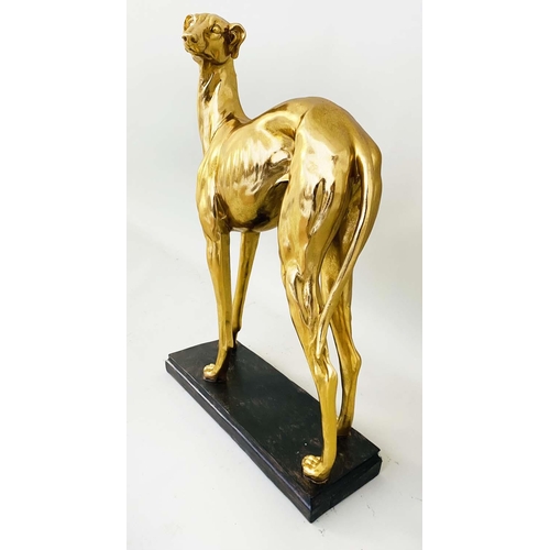 434 - SCULPTURAL WHIPPET, gilt resin, raised on a black plinth, 64cm x 43cm x 15cm.