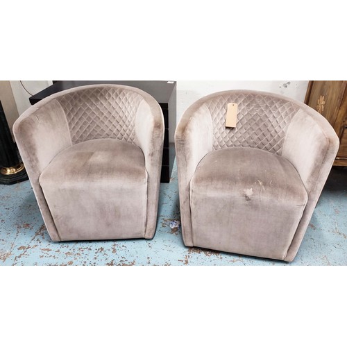 414 - KESTERPORT ARMCHAIRS, a pair, grey fabric upholstered, swivel bases, 78cm H x 72cm W x 62cm D. (2)