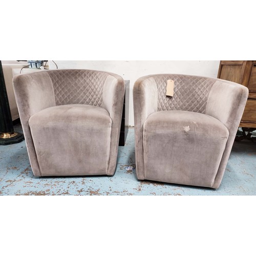 414 - KESTERPORT ARMCHAIRS, a pair, grey fabric upholstered, swivel bases, 78cm H x 72cm W x 62cm D. (2)