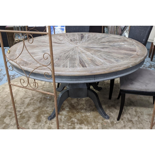 409 - DINING TABLE, rustic circular top, pedestal base, four sabre legs, mottled grey, painted base, 77cm ... 