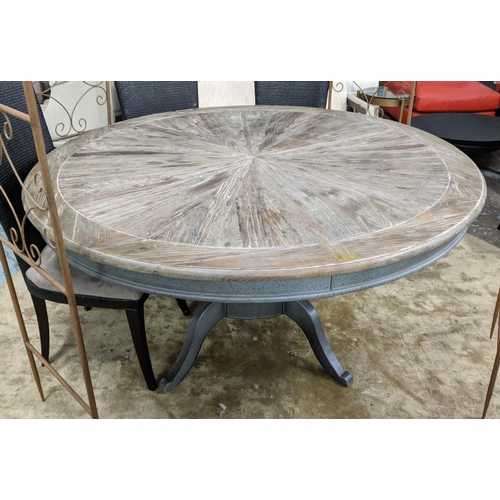 409 - DINING TABLE, rustic circular top, pedestal base, four sabre legs, mottled grey, painted base, 77cm ... 