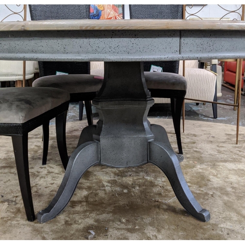 409 - DINING TABLE, rustic circular top, pedestal base, four sabre legs, mottled grey, painted base, 77cm ... 