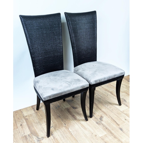 410 - DINING CHAIRS, a set of six, rattan  backs, 106cm H x 48cm W x 60cm D. (6)