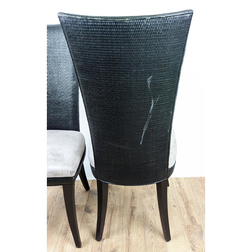 410 - DINING CHAIRS, a set of six, rattan  backs, 106cm H x 48cm W x 60cm D. (6)