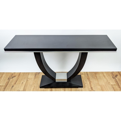 411 - ART DECO STYLE CONSOLE TABLE, ebonised, U-shaped support, plinth base, 85cm H x 140cm W x 41cm D.