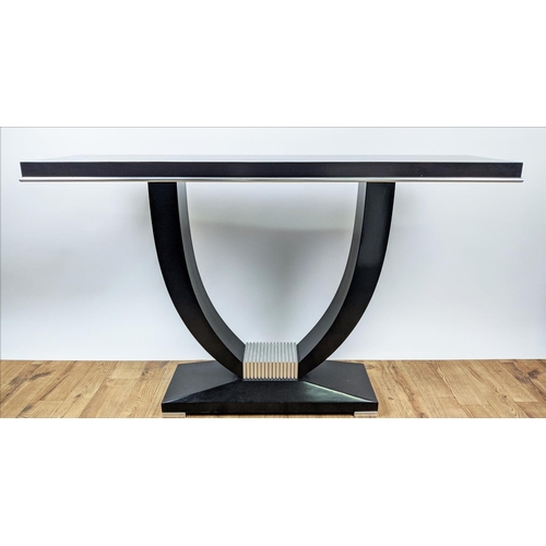 411 - ART DECO STYLE CONSOLE TABLE, ebonised, U-shaped support, plinth base, 85cm H x 140cm W x 41cm D.