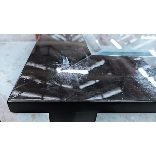 412 - LOW TABLE, black lacquered, two-tier form, glass surfaces, bevelled edged, 50cm H x 130cm W x 100cm ... 