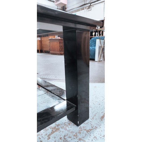 412 - LOW TABLE, black lacquered, two-tier form, glass surfaces, bevelled edged, 50cm H x 130cm W x 100cm ... 