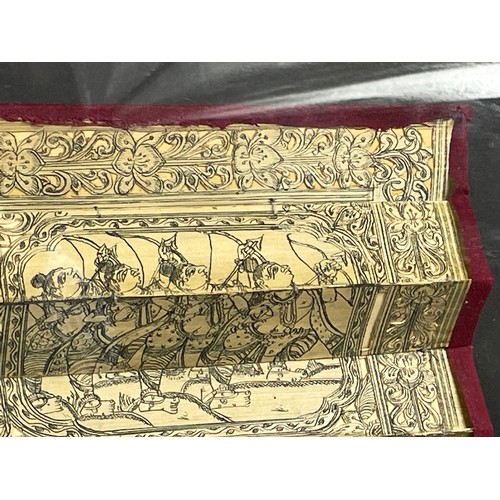 97 - INDIAN CARVED FRETWORK, silk and inkwork folded panel, intricately decorated with figural scenes, bo... 