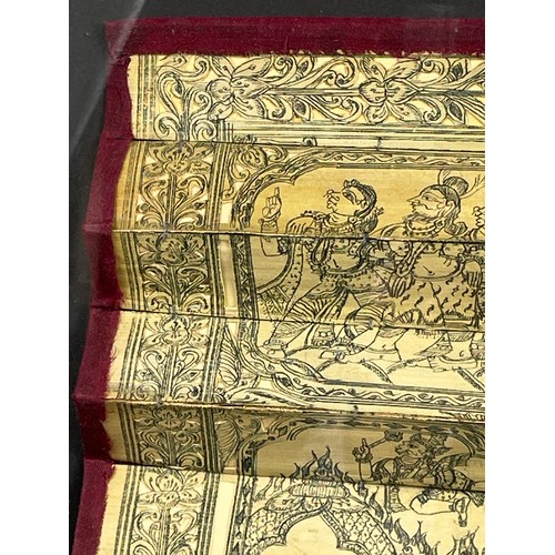 97 - INDIAN CARVED FRETWORK, silk and inkwork folded panel, intricately decorated with figural scenes, bo... 