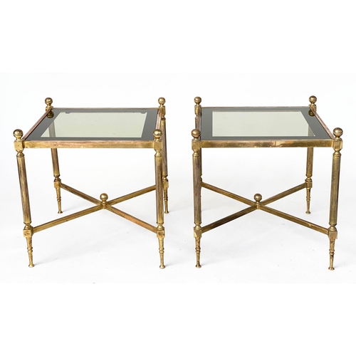 276 - LAMP/OCCASIONAL TABLES, a pair, 1970's square gilt metal with sepia gilt glass and reeded cross stre... 