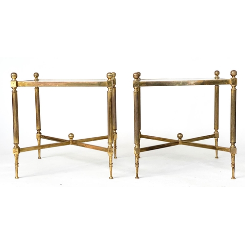 276 - LAMP/OCCASIONAL TABLES, a pair, 1970's square gilt metal with sepia gilt glass and reeded cross stre... 