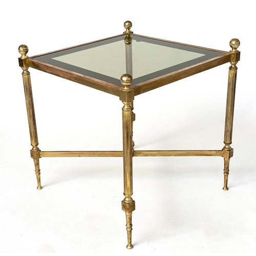 276 - LAMP/OCCASIONAL TABLES, a pair, 1970's square gilt metal with sepia gilt glass and reeded cross stre... 