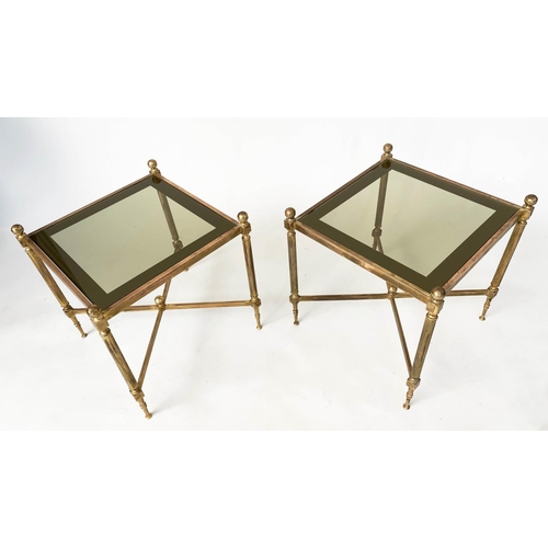 276 - LAMP/OCCASIONAL TABLES, a pair, 1970's square gilt metal with sepia gilt glass and reeded cross stre... 