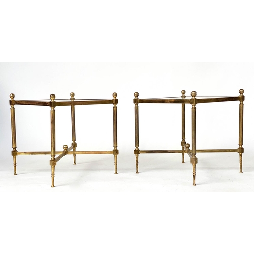 276 - LAMP/OCCASIONAL TABLES, a pair, 1970's square gilt metal with sepia gilt glass and reeded cross stre... 