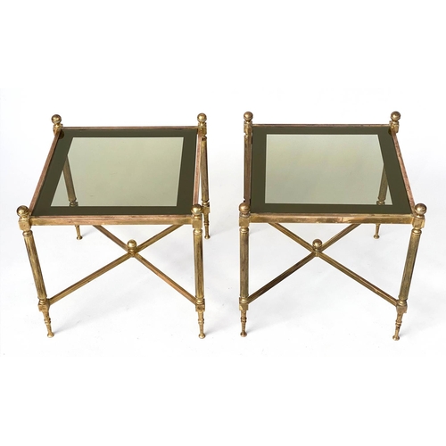 276 - LAMP/OCCASIONAL TABLES, a pair, 1970's square gilt metal with sepia gilt glass and reeded cross stre... 