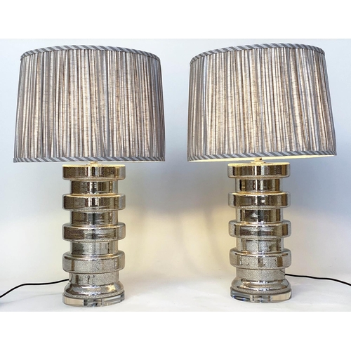 277 - TABLE LAMPS, a pair, silvered glass of circular ribbed drum form with pleated shades from India Jane... 