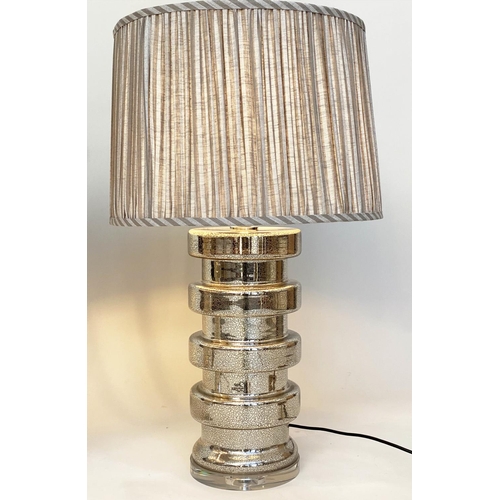 277 - TABLE LAMPS, a pair, silvered glass of circular ribbed drum form with pleated shades from India Jane... 