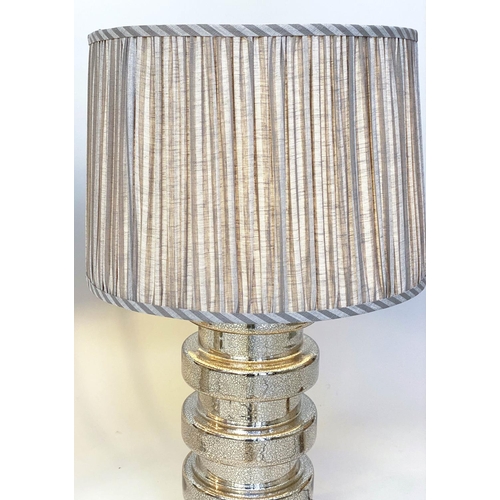 277 - TABLE LAMPS, a pair, silvered glass of circular ribbed drum form with pleated shades from India Jane... 