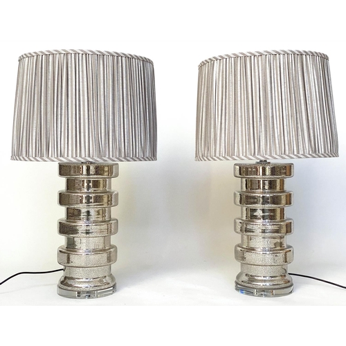 277 - TABLE LAMPS, a pair, silvered glass of circular ribbed drum form with pleated shades from India Jane... 