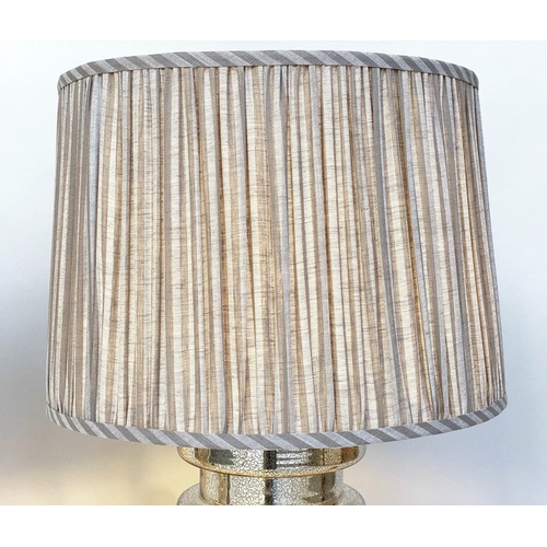 277 - TABLE LAMPS, a pair, silvered glass of circular ribbed drum form with pleated shades from India Jane... 