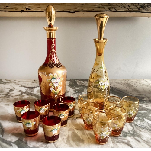 190 - LIQUEUR SET, Murano ruby and amber each with decanter and six glasses, (one labelled 'Murano', one B... 