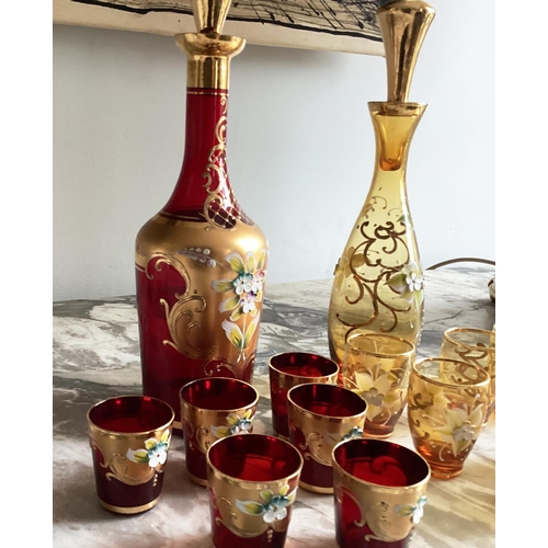 190 - LIQUEUR SET, Murano ruby and amber each with decanter and six glasses, (one labelled 'Murano', one B... 