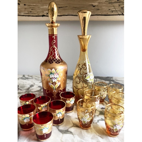 190 - LIQUEUR SET, Murano ruby and amber each with decanter and six glasses, (one labelled 'Murano', one B... 