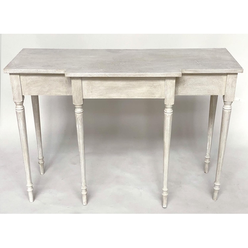 284 - CONSOLE TABLE, Regency style grey painted rectangular of breakfront form with turned reeded supports... 