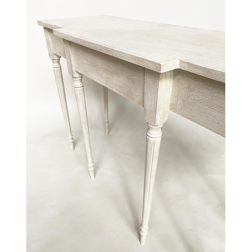 284 - CONSOLE TABLE, Regency style grey painted rectangular of breakfront form with turned reeded supports... 