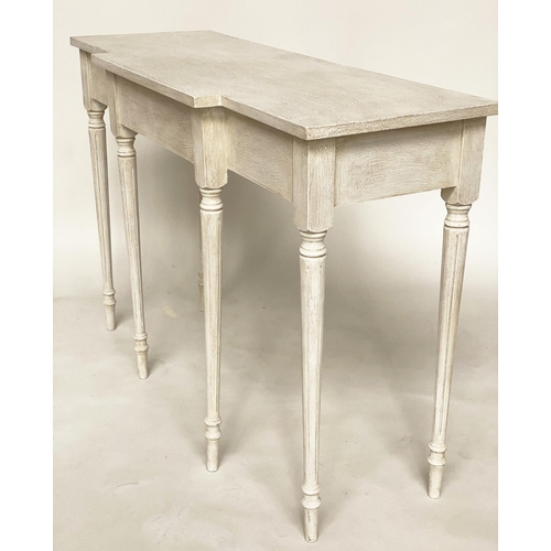 284 - CONSOLE TABLE, Regency style grey painted rectangular of breakfront form with turned reeded supports... 