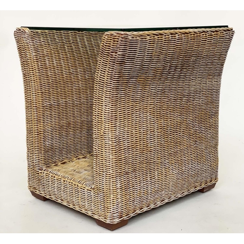 273 - LAMP/OCCASIONAL TABLES, a pair, 1970s woven cane and rattan frame of 'U' form with beveled strengthe... 