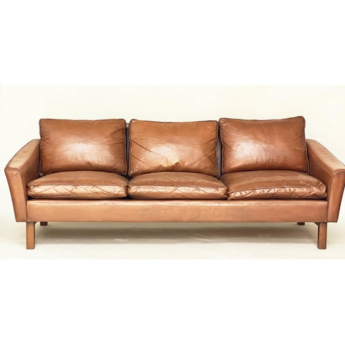 477 - SOFA, 1970's Danish, grained tan leather and teak supports, 206cm W approx.