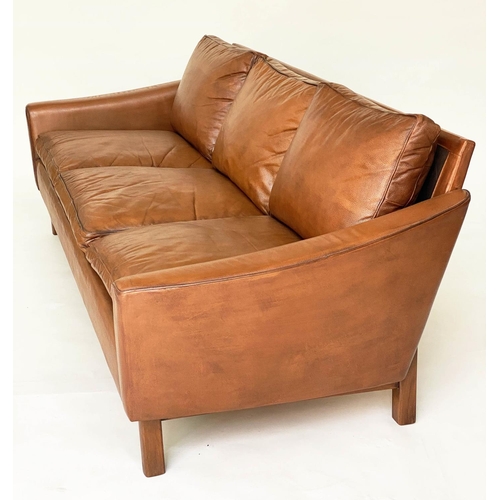 477 - SOFA, 1970's Danish, grained tan leather and teak supports, 206cm W approx.