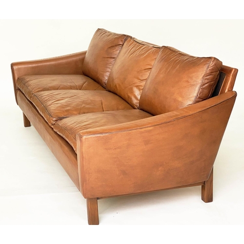 477 - SOFA, 1970's Danish, grained tan leather and teak supports, 206cm W approx.