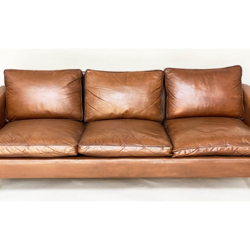 477 - SOFA, 1970's Danish, grained tan leather and teak supports, 206cm W approx.