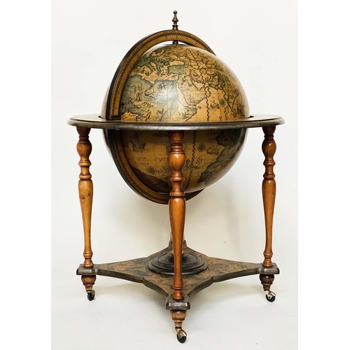 464 - GLOBE COCKTAIL CABINET, in the form of an antique, terrestrial globe on stand with rising 'lid' and ... 