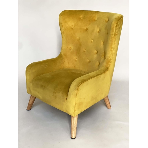 465 - ARMCHAIR, contemporary deep button primrose yellow velvet upholstered with swept splay ash supports,... 