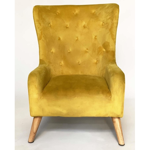 465 - ARMCHAIR, contemporary deep button primrose yellow velvet upholstered with swept splay ash supports,... 