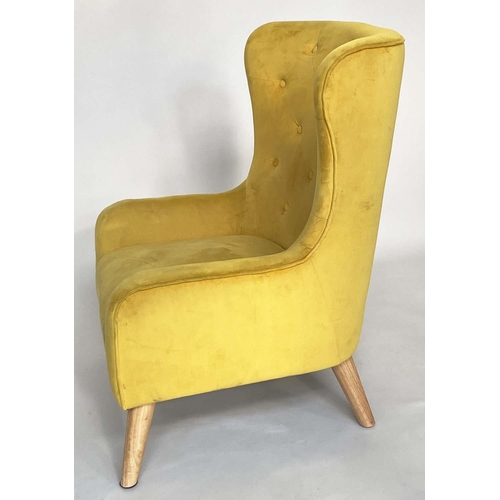 465 - ARMCHAIR, contemporary deep button primrose yellow velvet upholstered with swept splay ash supports,... 