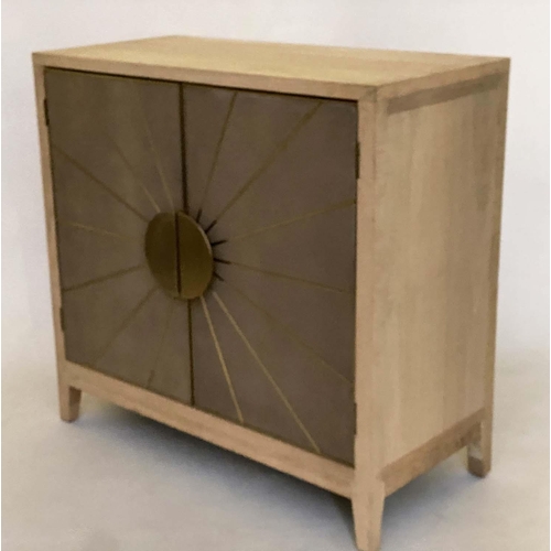 468 - 'SUNRISE' SIDE CABINET, contemporary ash with two silvered and sunburst panelled doors, 102cm W x 48... 