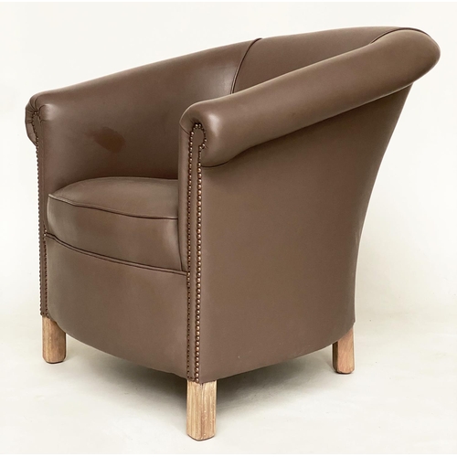 470 - TUB ARMCHAIR, fine mid brown leather upholstered with rounded back and studded scroll arms, 76cm W.