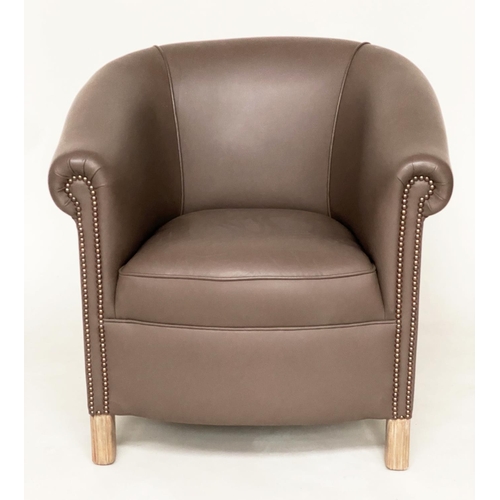 470 - TUB ARMCHAIR, fine mid brown leather upholstered with rounded back and studded scroll arms, 76cm W.