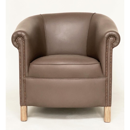 470 - TUB ARMCHAIR, fine mid brown leather upholstered with rounded back and studded scroll arms, 76cm W.