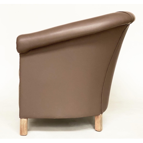 470 - TUB ARMCHAIR, fine mid brown leather upholstered with rounded back and studded scroll arms, 76cm W.