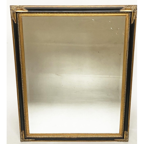 471 - WALL MIRROR, Italian style rectangular ebonised with bevelled mirror, gilt slip and gilt corners, 14... 