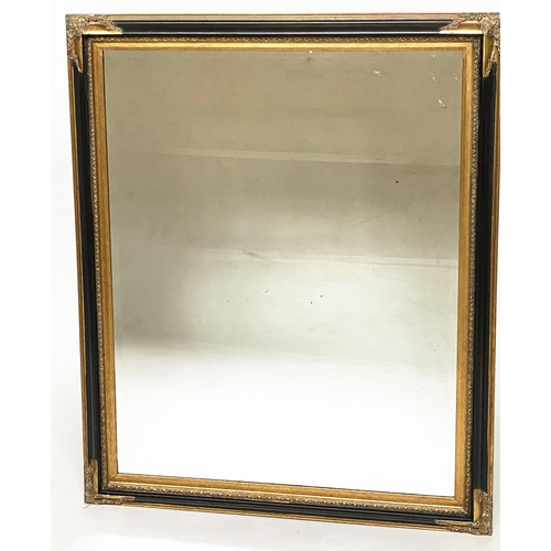 471 - WALL MIRROR, Italian style rectangular ebonised with bevelled mirror, gilt slip and gilt corners, 14... 