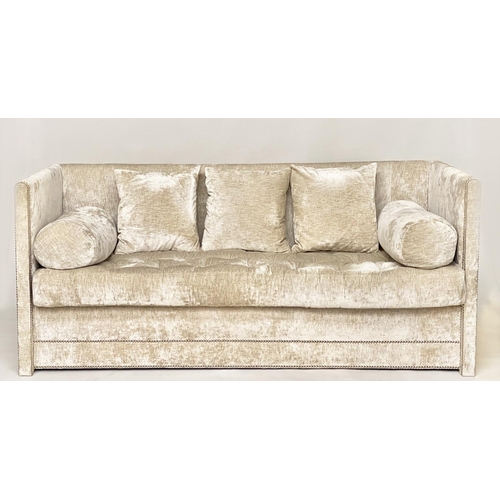 472 - SOFA, three seater, in soft chenille velvet with buttoned seat cushions bolstered scallop cushions a... 