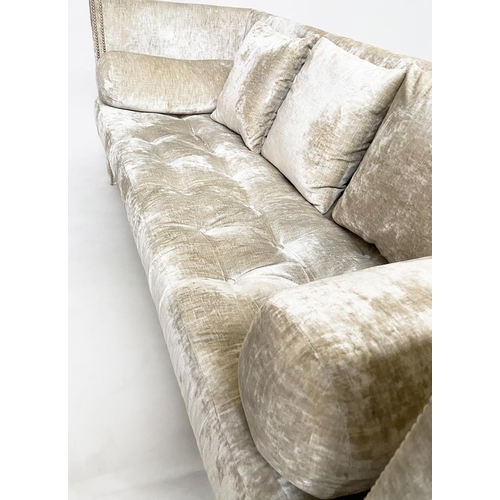 472 - SOFA, three seater, in soft chenille velvet with buttoned seat cushions bolstered scallop cushions a... 