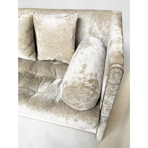 472 - SOFA, three seater, in soft chenille velvet with buttoned seat cushions bolstered scallop cushions a... 